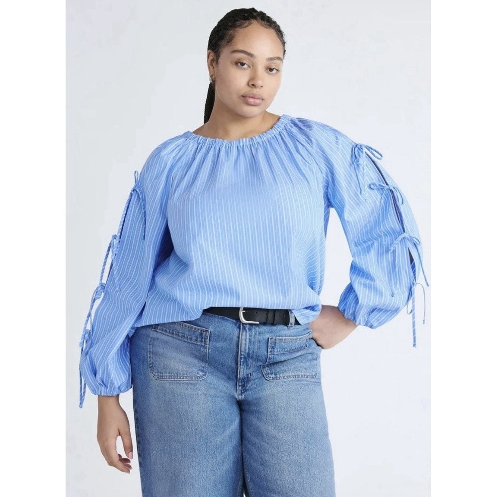 Free Assembly Blue Stripe Peasant Blouse Tie Sleeve Cotton Top L